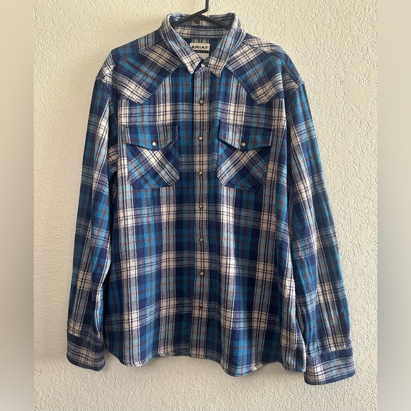 Ariat Flannel Pearl Snap Shirt Men XXL Blue Plaid Retro Fit Western Rodeo Cowboy - Picture 1 of 8